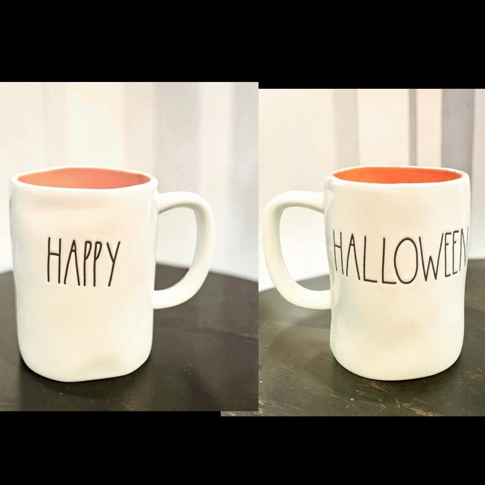 NWT Rae Dunn HAPPY HALLOWEEN Double Sided Coffee Mug Orange Interior